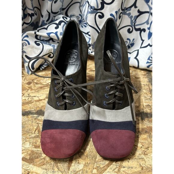Tory Burch Stella Color-block Oxford Suede Block Heel Black Burgundy & Gray 10 - Picture 3 of 13